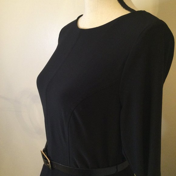 Anne Klein, Belted Drop Waist Short Sleeve Black Knit A-line Dress, Sz. 10 - Picture 3 of 11